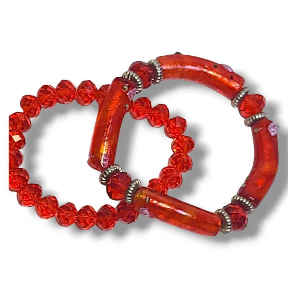 Red‎ Lampwork Glass & Crystal Beads Stretch Bracelet Stack of 2